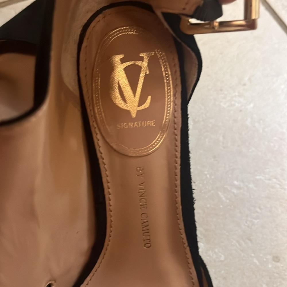 Vince Camuto Signature Black Suede Shoes with Gold Buckle Ankle Strap Si… - Picture 6 of 8